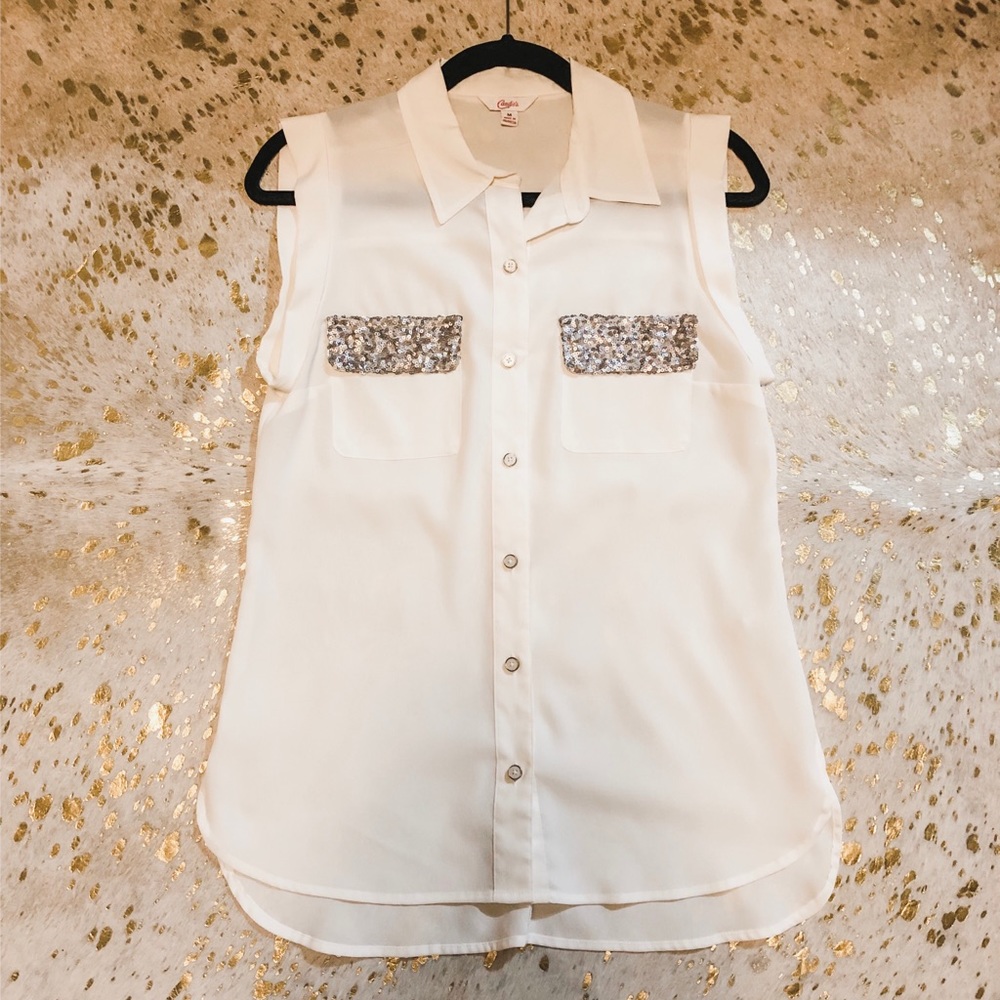 Candies Sheer Button Blouse w/ Glitter Pockets